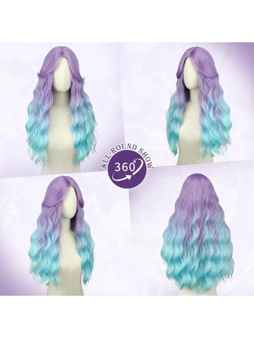 Women's Purple To Blue 26 Inch Heat Resistant Curtain Bangs Long Wavy Wigs